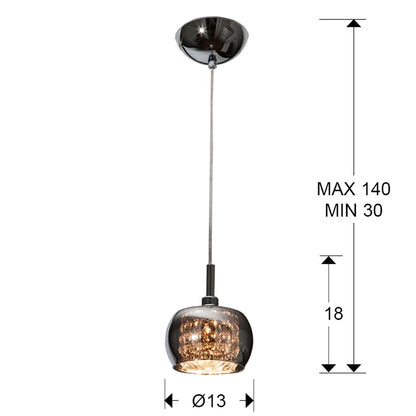 Medidas de Lámpara colgante Arián de acero con brillo espejado para comedor o salón, diseño moderno de Schuller con luz G9 y detalles de cristal.