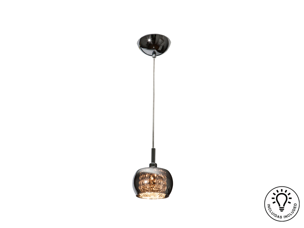 Lámpara colgante Arián de acero con brillo espejado para comedor o salón, diseño moderno con cristal y luz G9, ideal para decoración glam.
