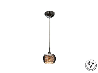 Lámpara colgante Arián de acero con brillo espejado para comedor o salón, diseño moderno con cristal y luz G9, ideal para decoración glam.