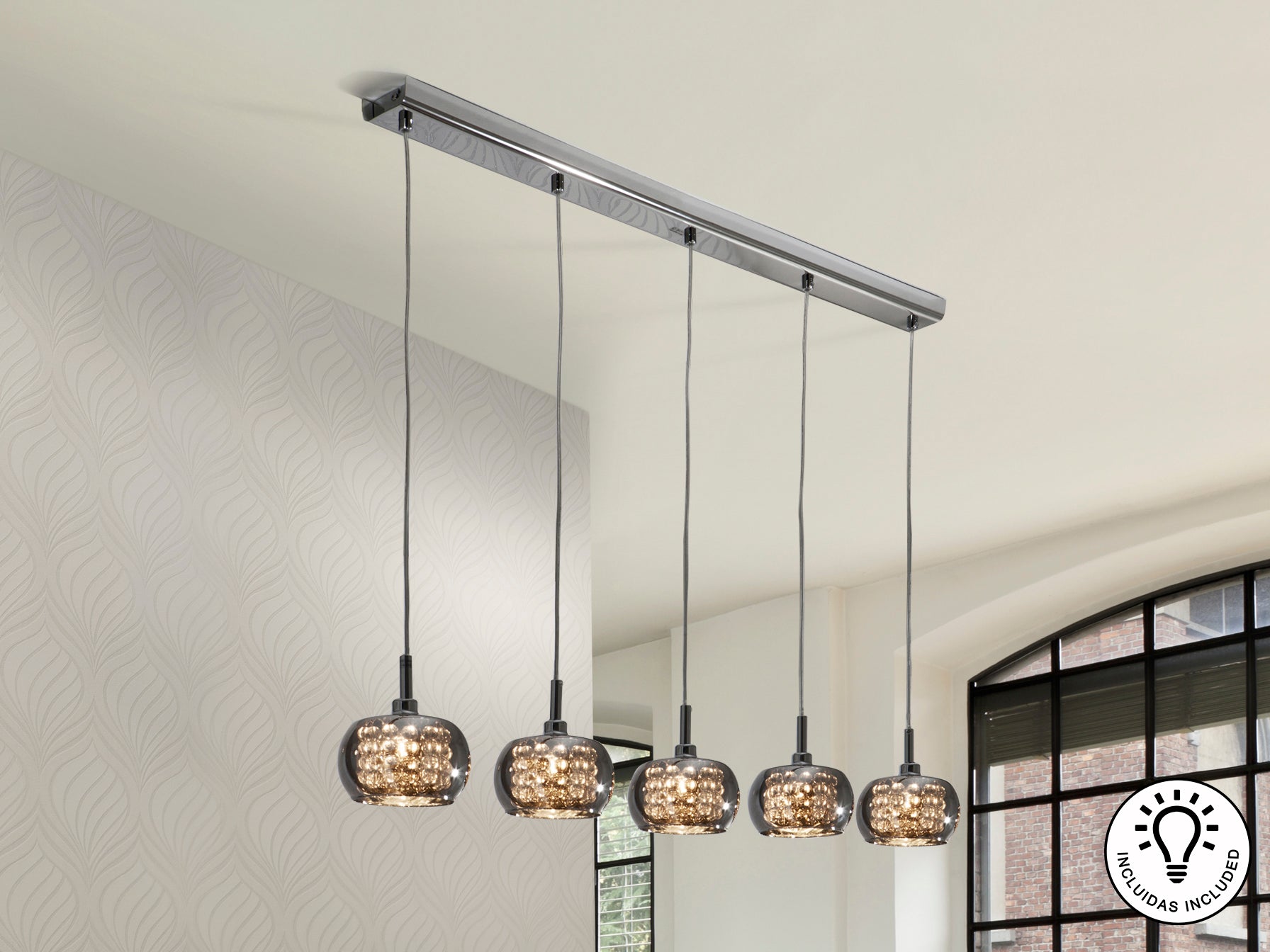 Lámpara de techo Arián 5L brillo Schuller (193539) - Diseño moderno, acero y cristal, ideal para salón y comedor.