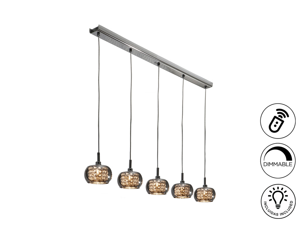 Lámpara de techo Arián 5L dimable cromada para comedor o salón moderno con cristal, diseño lujoso de Schuller (193539D).