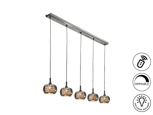Lámpara de techo Arián 5L dimable cromada para comedor o salón moderno con cristal, diseño lujoso de Schuller (193539D).