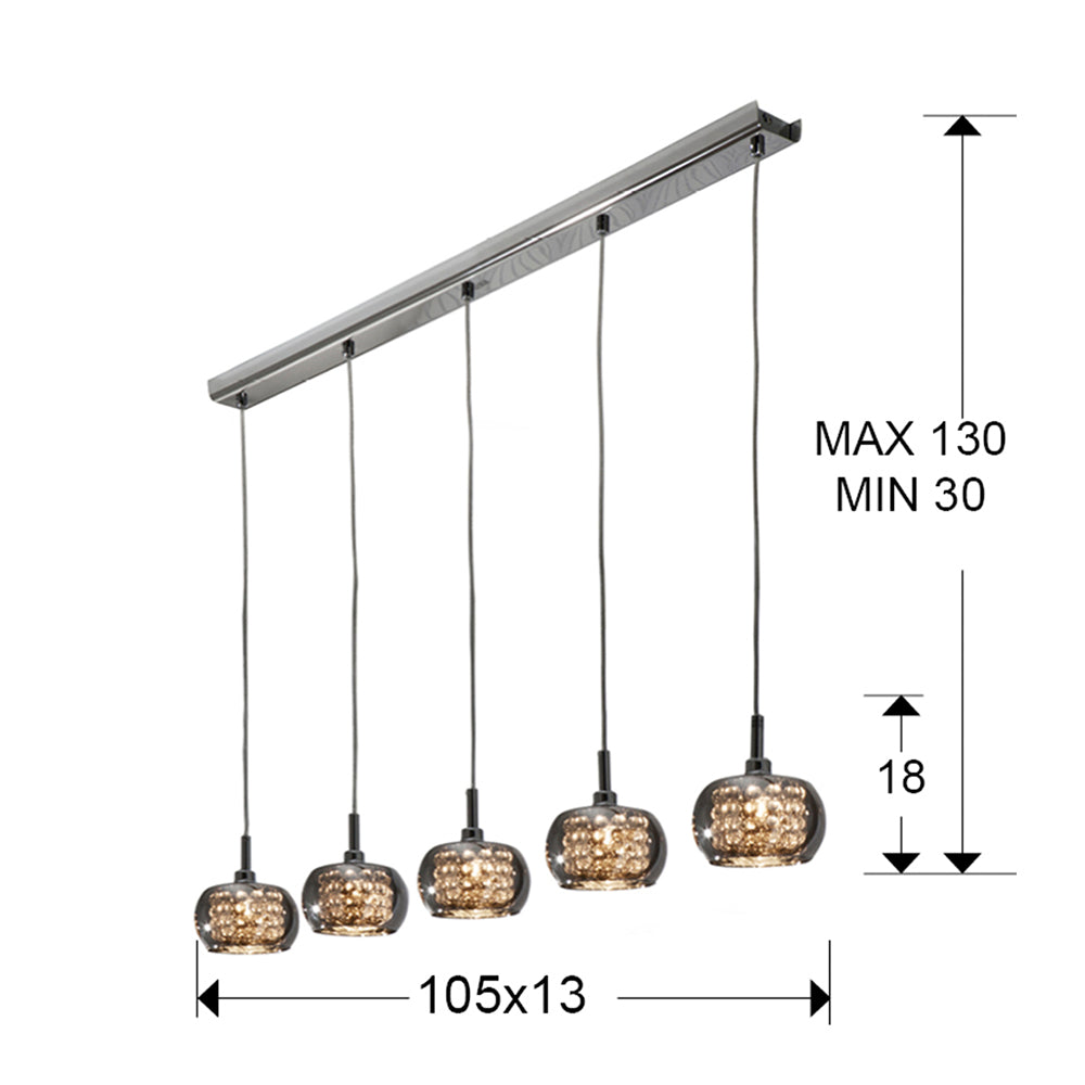 Medidas de Lámpara de techo Arián 5L dimable cromada de cristal para comedor o salón moderno y lujoso, ideal para decoración. Marca Schuller.