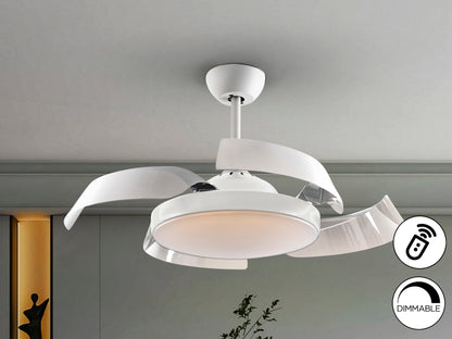 Ventilador de techo ENZO blanco con luz LED dimable y aspas retráctiles, control remoto y motor DC, diseño minimalista y moderno de Schuller.