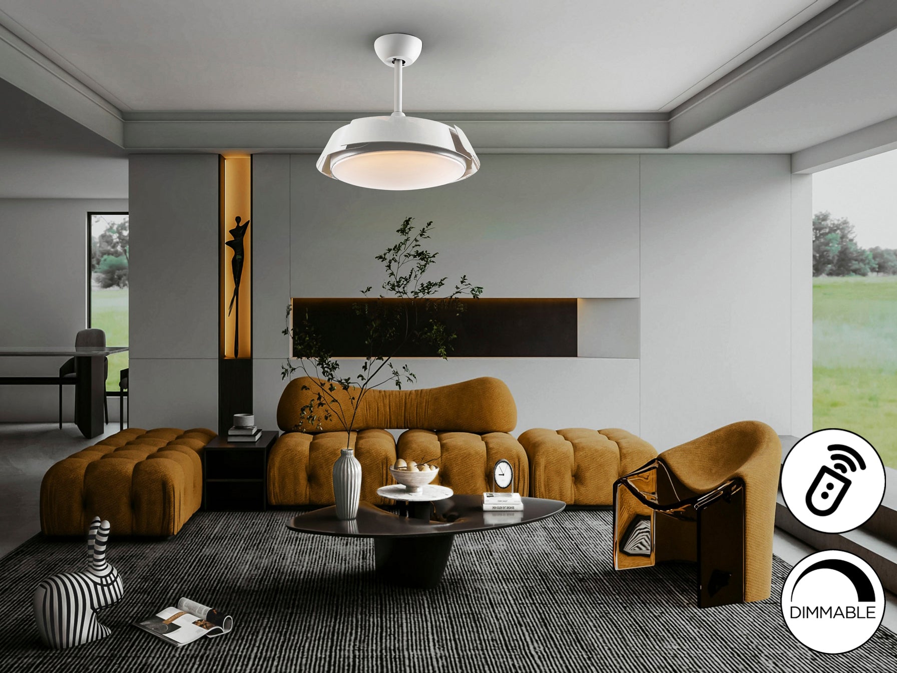 Ventilador de techo ENZO blanco con luz LED dimable y aspas retráctiles. Diseño minimalista y moderno de Schuller con motor DC y control remoto. Ideal para espacios contemporáneos.