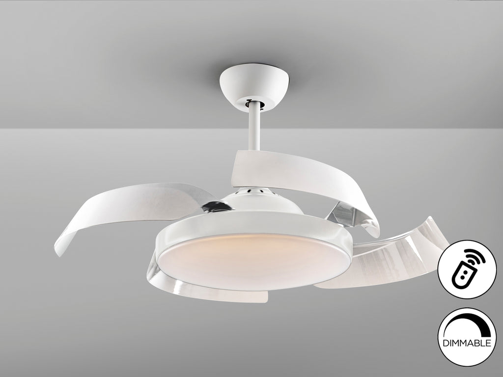 Ventilador de techo ENZO blanco con luz LED dimable, aspas retráctiles y control remoto | Diseño moderno y minimalista de Schuller con motor DC.