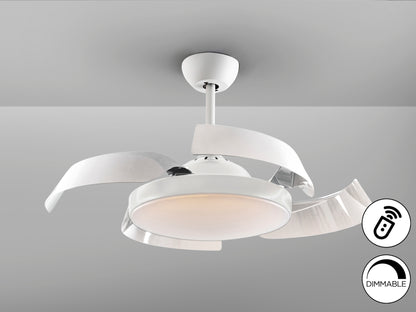 Ventilador de techo ENZO blanco con luz LED dimable, aspas retráctiles y control remoto | Diseño moderno y minimalista de Schuller con motor DC.