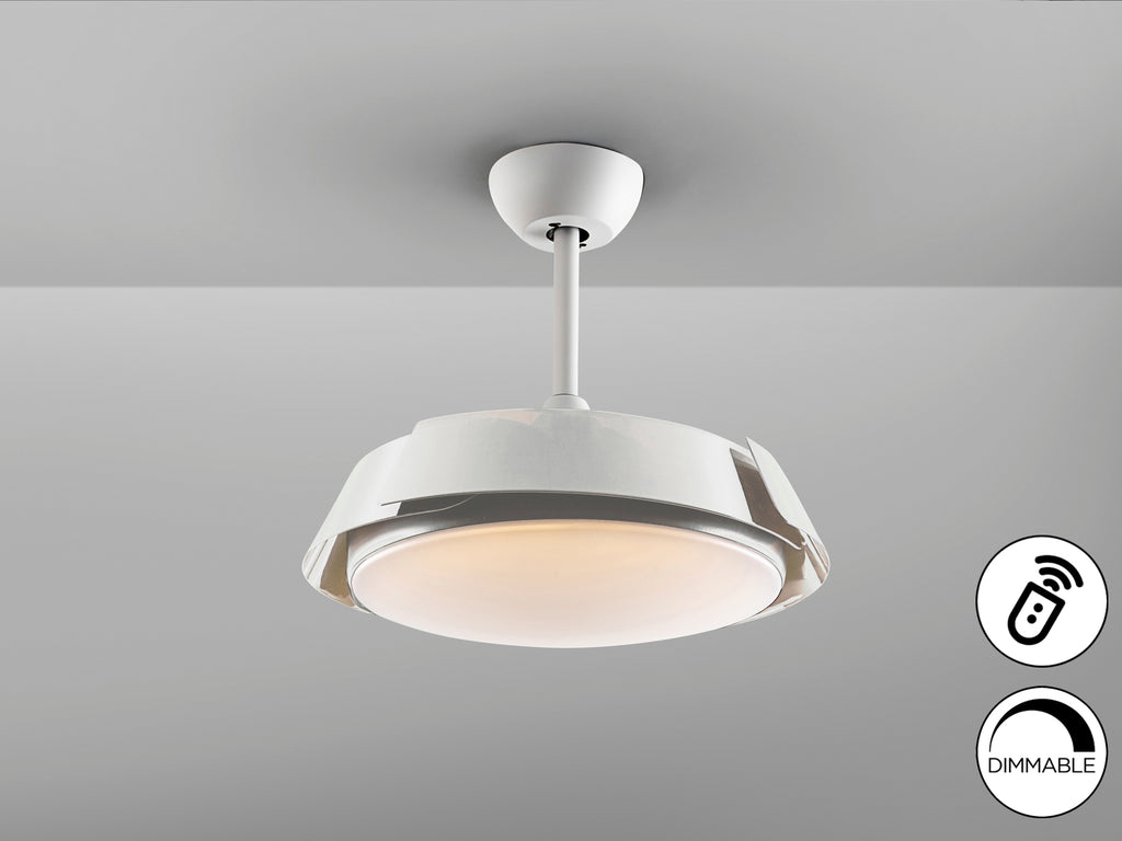 Ventilador de techo ENZO blanco con luz LED dimable y aspas retráctiles, diseño moderno y minimalista de Schuller con control remoto y motor DC.