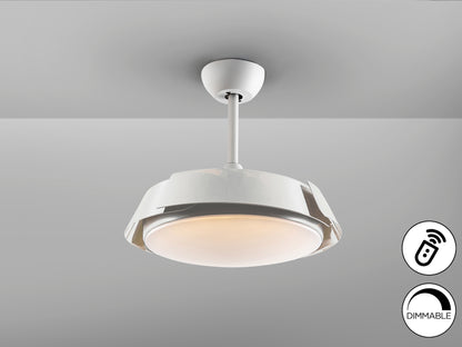 Ventilador de techo ENZO blanco con luz LED dimable y aspas retráctiles, diseño moderno y minimalista de Schuller con control remoto y motor DC.