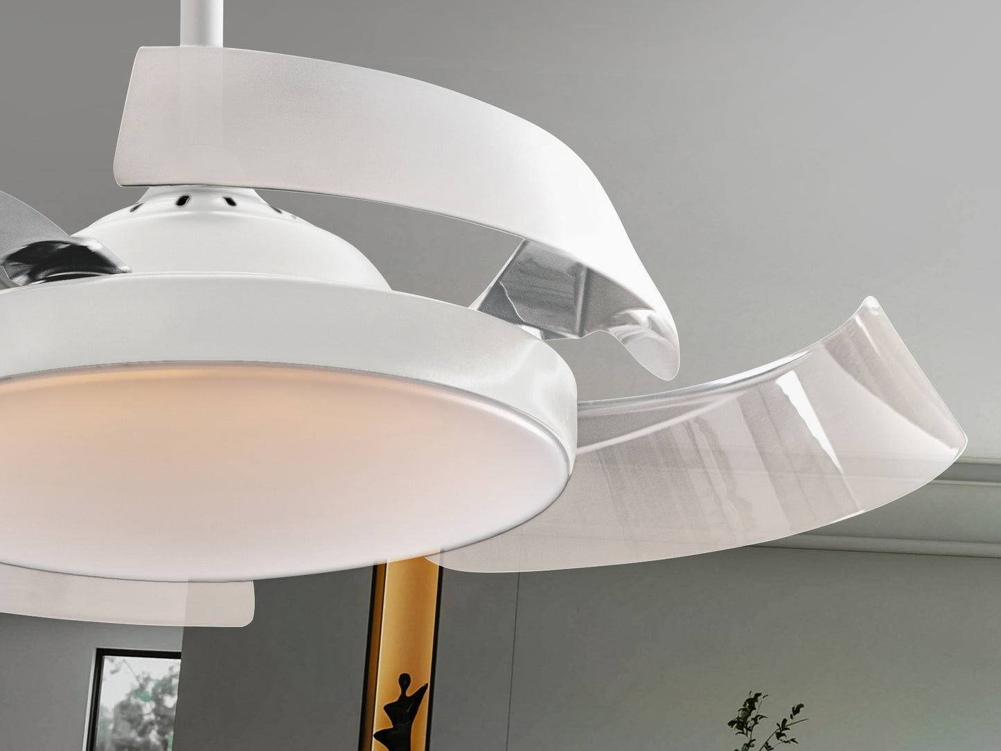 Ventilador de techo ENZO blanco de Schuller con aspas retráctiles, luz LED dimable, control remoto y diseño moderno y minimalista. Motor DC. Referencia 196529D.