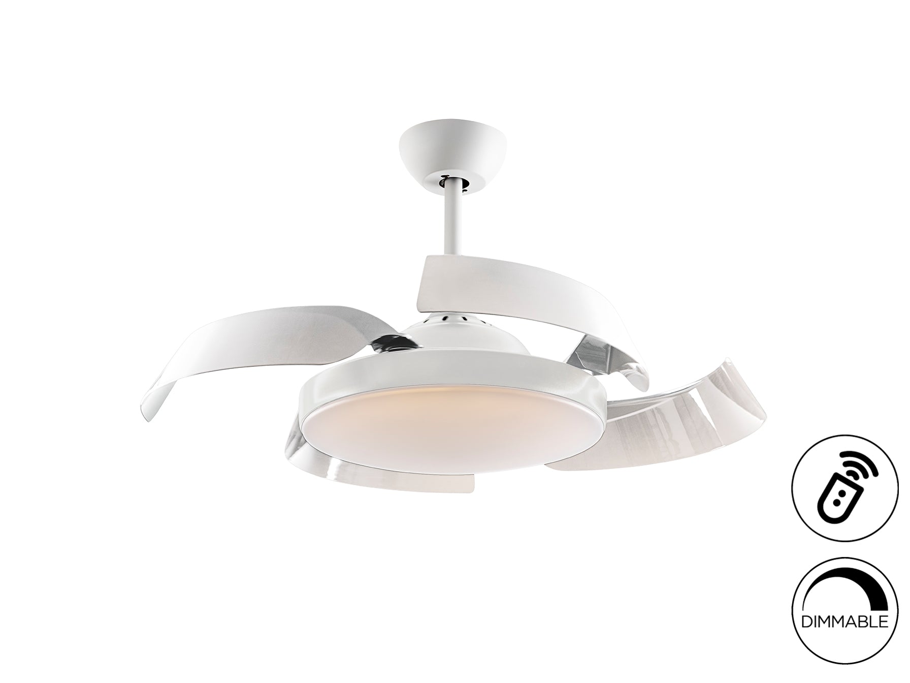 Ventilador de techo ENZO blanco con luz LED dimable y aspas retráctiles, control remoto y motor DC. Diseño minimalista y moderno de Schuller.