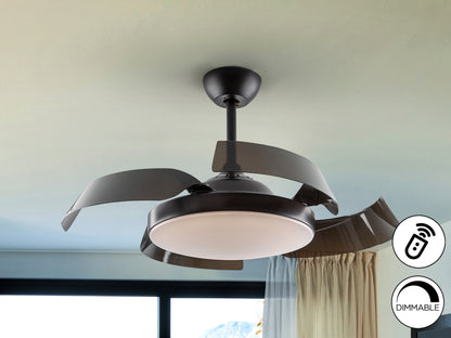 Ventilador de techo Enzo Dim negro de Schuller con luz LED, aspas retráctiles y motor DC silencioso para comedor, dormitorio o salón de estilo moderno e industrial. Incluye 3 temperaturas de color, temporizador y es dimable.