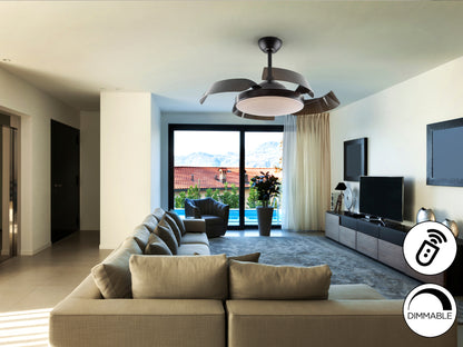 Ventilador de techo Enzo Dim negro de Schuller con luz LED, aspas retráctiles, motor DC silencioso y diseño moderno para comedor, dormitorio o salón.