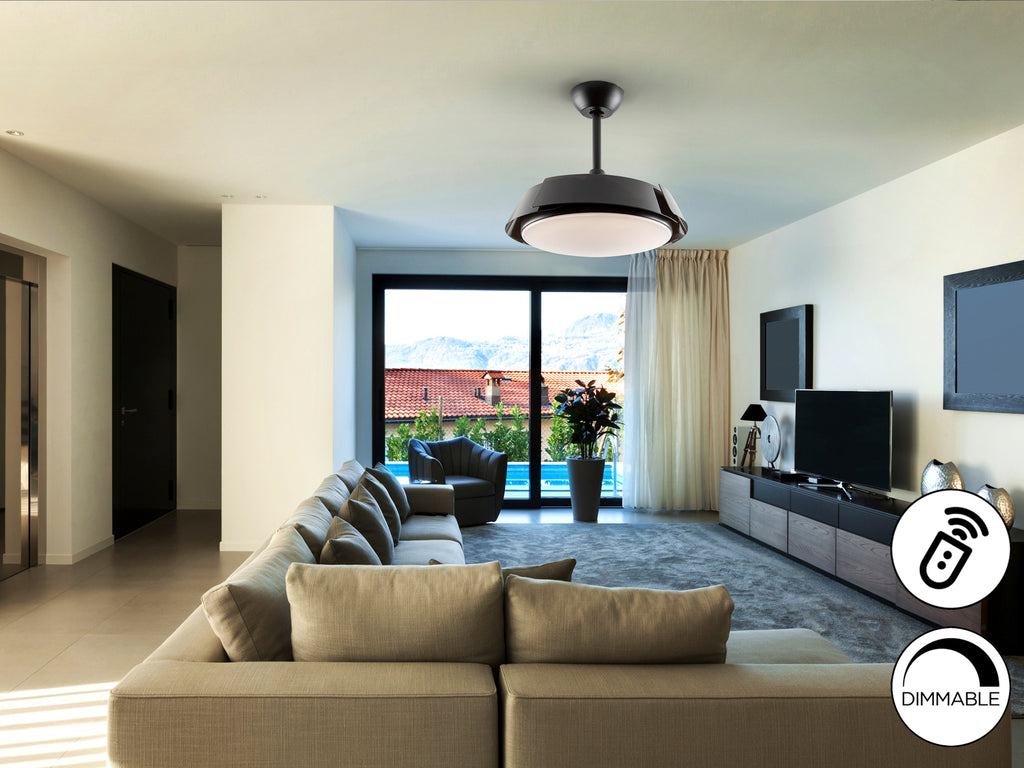 Ventilador de techo Enzo Dim negro con luz LED de Schuller, moderno y silencioso, ideal para dormitorio y salón. Cuenta con aspas retráctiles, motor DC, temporizador y 3 temperaturas de color. Diseño industrial y minimalista en metal negro mate.