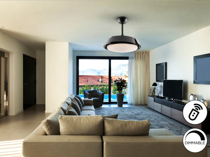 Ventilador de techo Enzo Dim negro con luz LED de Schuller, moderno y silencioso, ideal para dormitorio y salón. Cuenta con aspas retráctiles, motor DC, temporizador y 3 temperaturas de color. Diseño industrial y minimalista en metal negro mate.