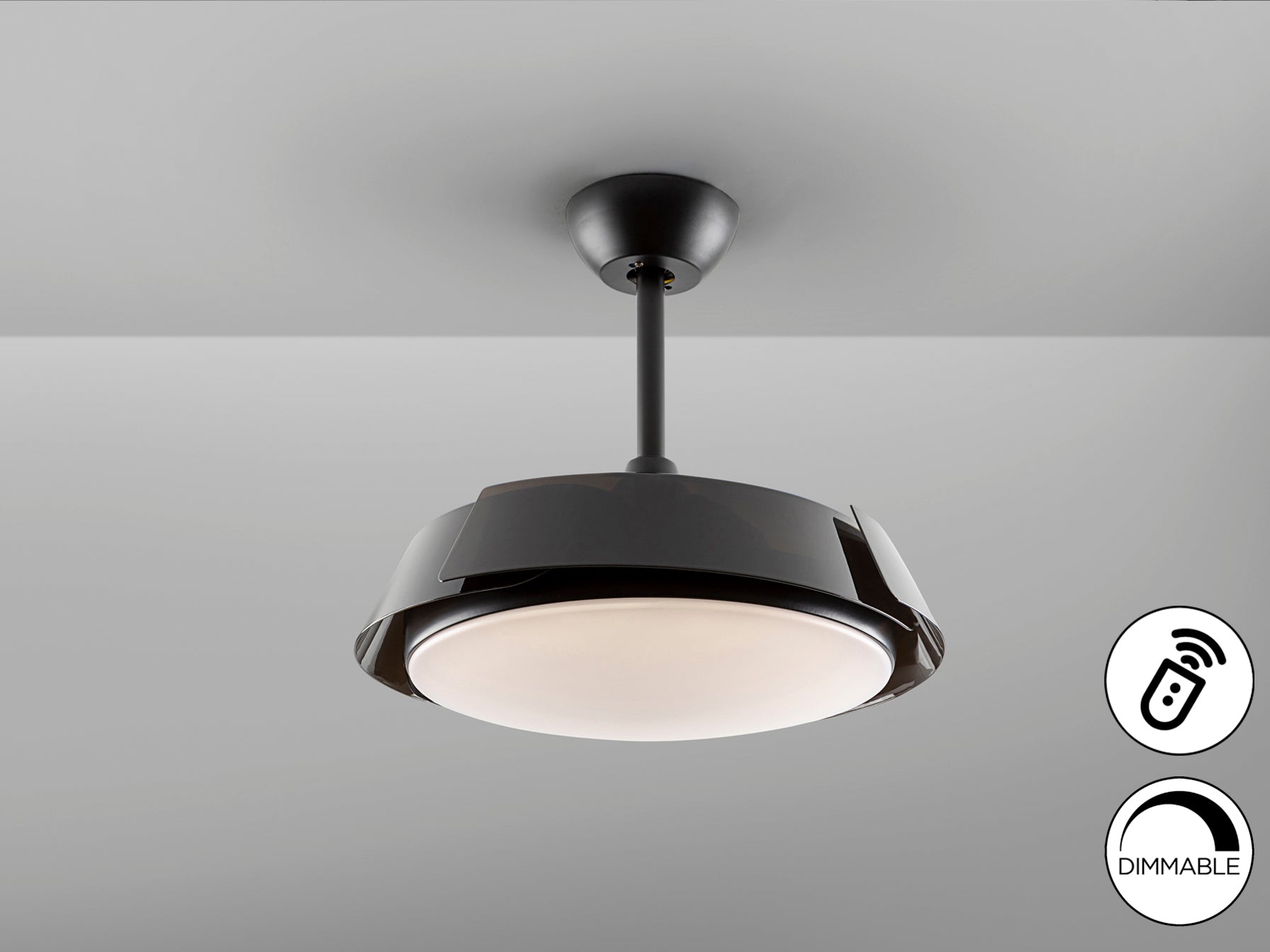 Ventilador de techo Enzo Dim negro con luz LED, aspas retráctiles y diseño moderno. Ideal para comedor, dormitorio o salón. Incluye temporizador, motor DC silencioso y es dimable. Fabricado por Schuller.