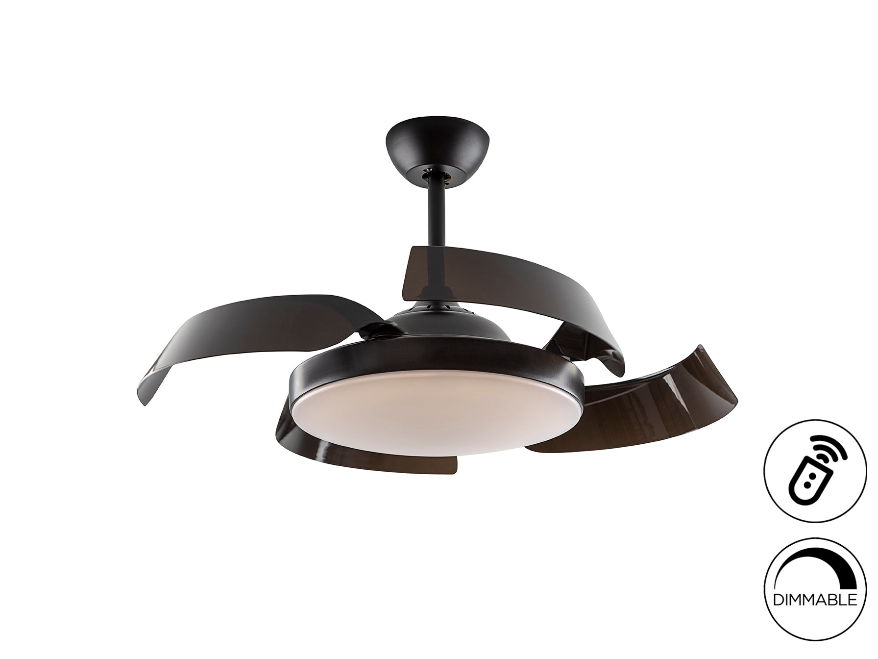 Ventilador de techo Enzo Dim negro con luz LED y aspas retráctiles, ideal para comedor o dormitorio. Diseño moderno y minimalista de Schuller. Incluye temporizador, 3 temperaturas de color, motor DC silencioso y función dimable. Acabado en negro mate, perfecto para estilo industrial.