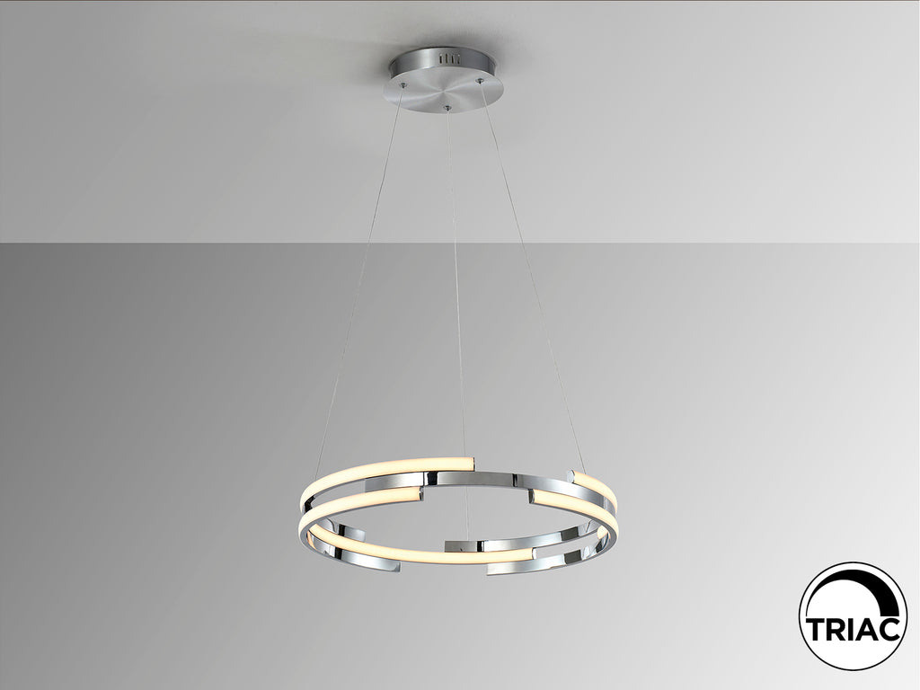 Lámpara colgante Ciclos cromada de diseño moderno para comedor o salón, con LED regulable y altura ajustable, fabricada en metal y silicona por Schuller.