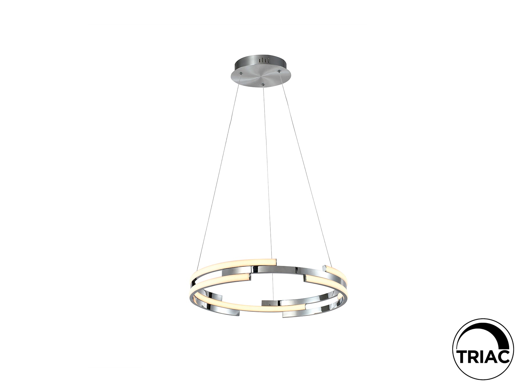 Lámpara colgante Ciclos cromada de diseño moderno y minimalista con LED regulable en altura y dimmable, ideal para comedor y salón. Fabricada en aluminio y metal por Schuller.