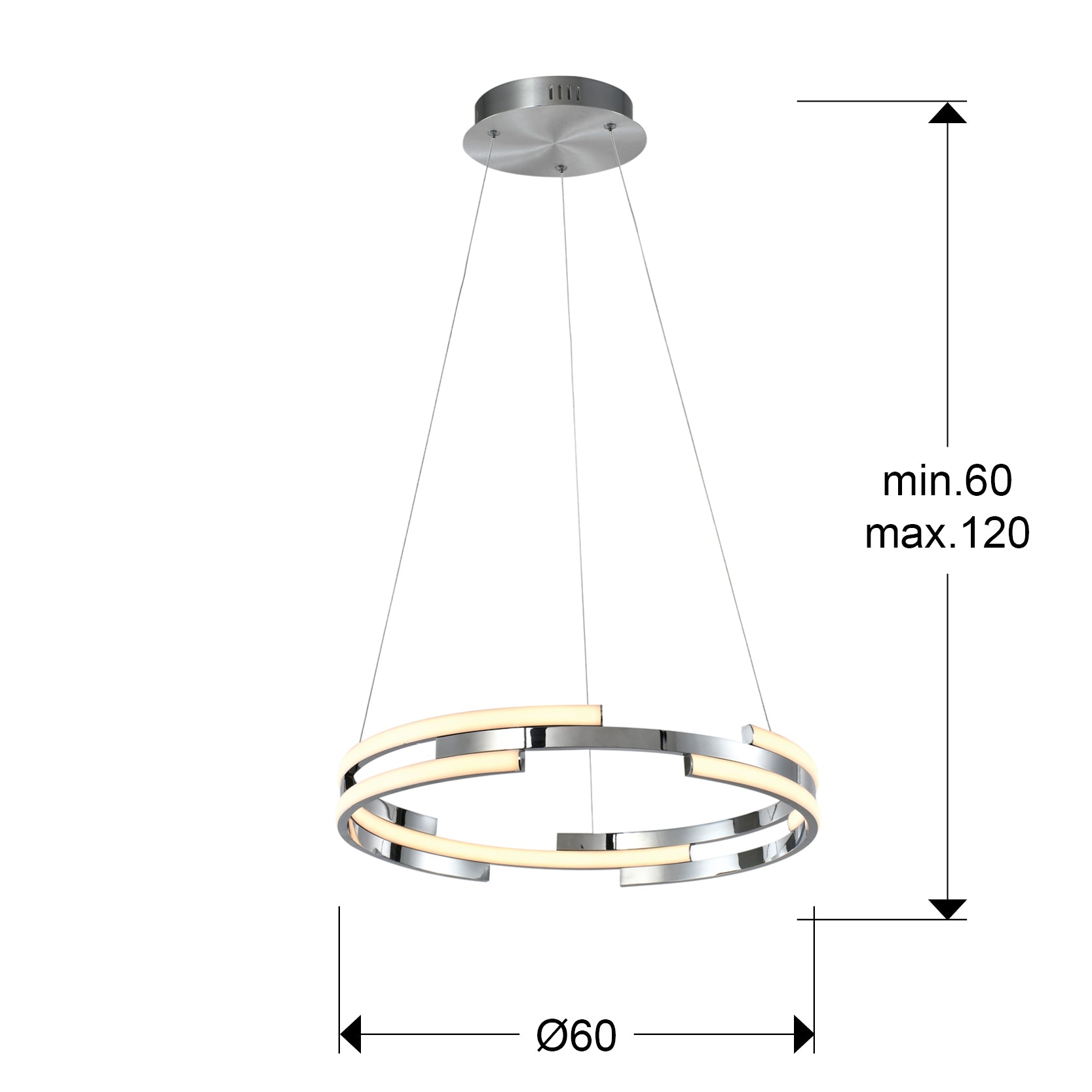 Medidas de Lámpara colgante Ciclos cromada de diseño moderno con LED regulable en altura, ideal para comedor o salón. Fabricada en metal y aluminio por Schuller.