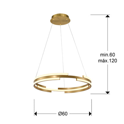 Medidas de Lámpara colgante Ciclos Oro D60 de Schuller en salón moderno, con diseño regulable en altura y tecnología LED dimable.