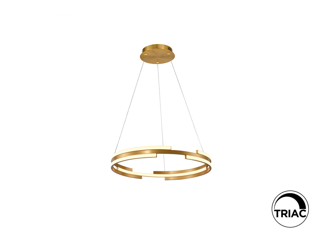 Lámpara colgante Ciclos oro D60 de Schuller iluminando un salón moderno, diseño LED dimable y altura regulable.