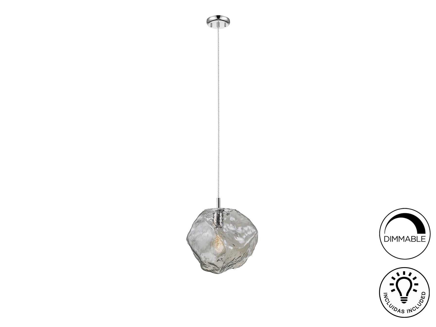 Lámpara de techo Petra cromado smoke de Schuller (213111) colgando en un comedor moderno, con cristal y regulable en altura.