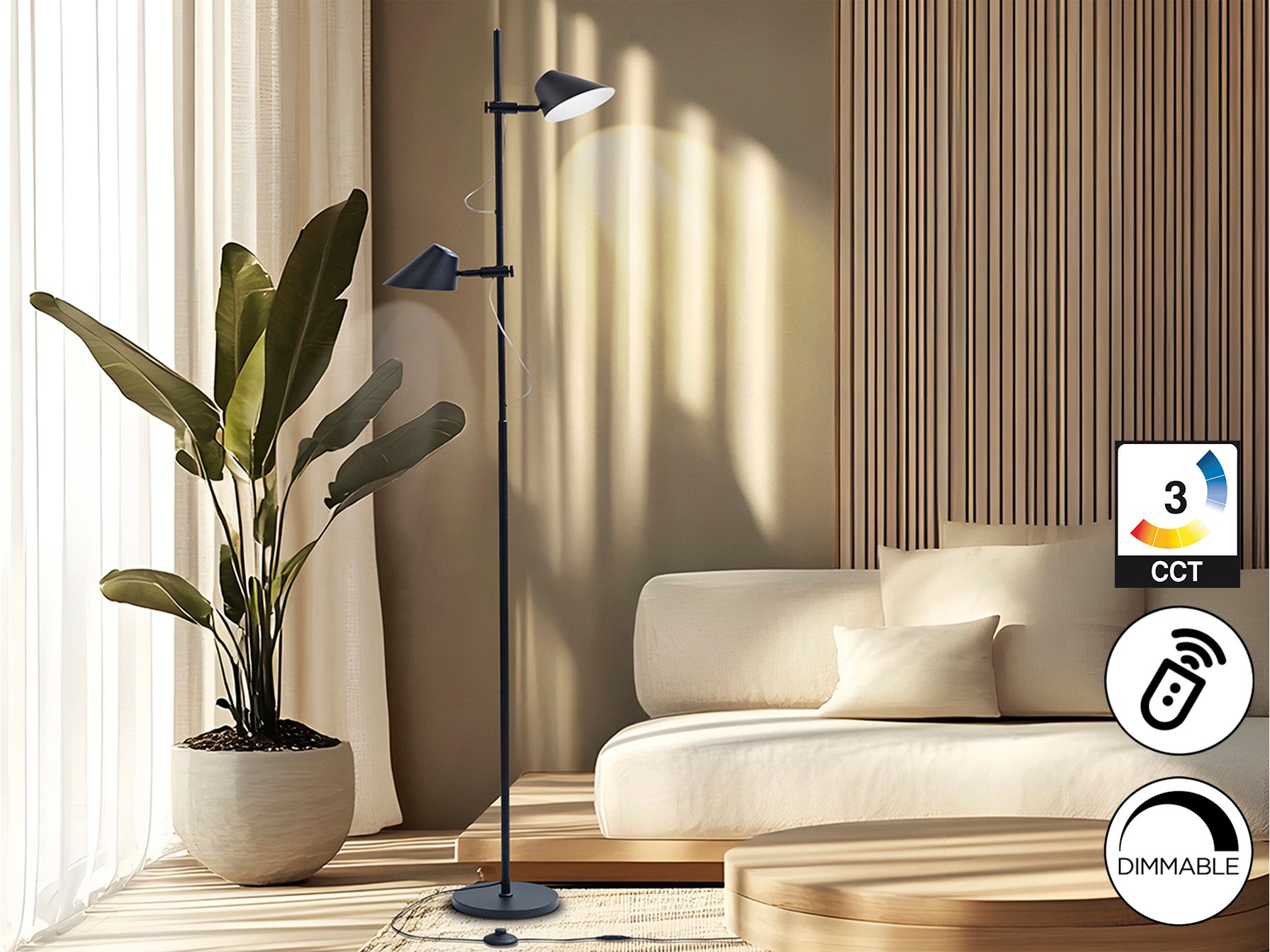 Lámpara de pie Esino 2L negra mate de Schuller, ideal para salón y dormitorio. Diseño moderno con LED integrado, regulable y control remoto. Fabricada en metal y aluminio, estilo minimalista e industrial. Perfecta para rincón de lectura. Modelo 215572.