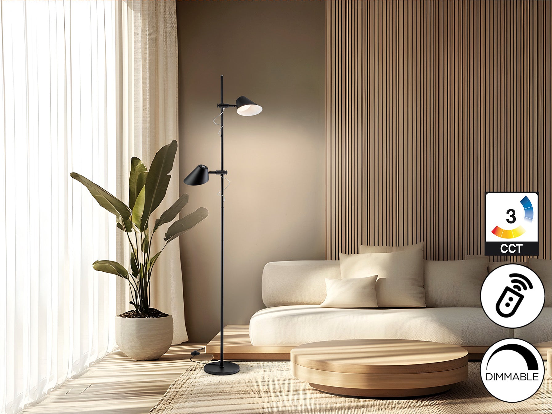 Lámpara de pie Esino 2L negra mate de Schuller con LED integrado, diseño moderno y minimalista ideal para salón y dormitorio. Fabricada en metal y aluminio, con control remoto y luz dimable.