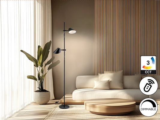 Lámpara de pie Esino 2L negra mate de Schuller con LED integrado, diseño moderno y minimalista ideal para salón y dormitorio. Fabricada en metal y aluminio, con control remoto y luz dimable.