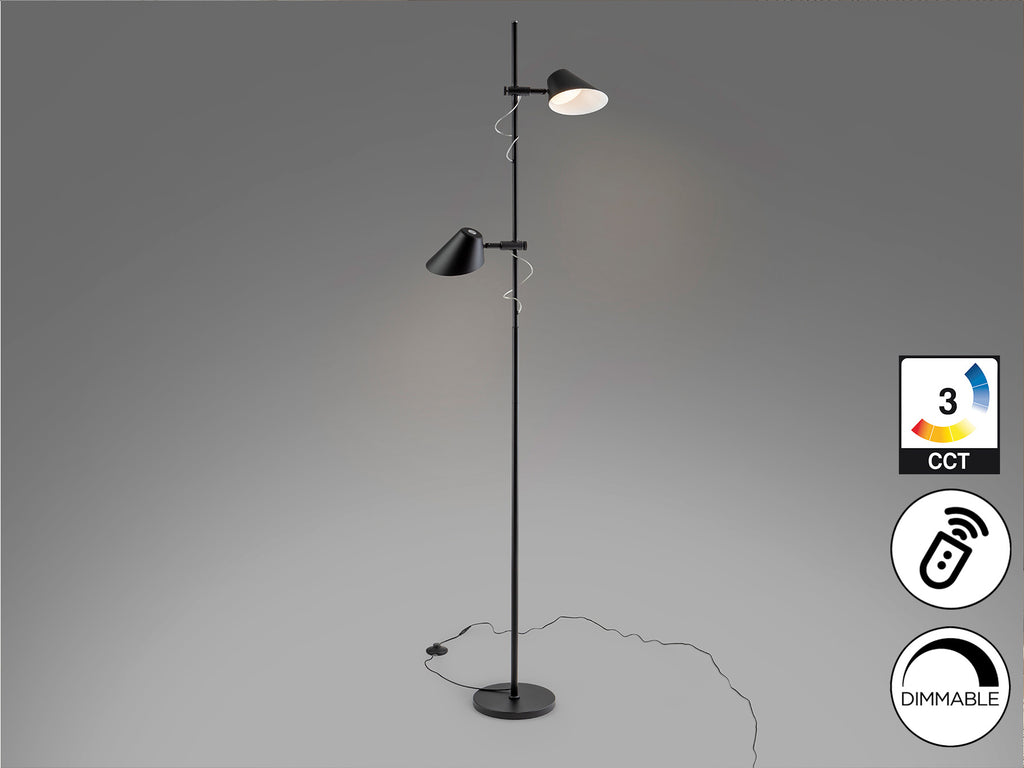 Lámpara de pie Esino 2L negro mate de Schuller, diseño moderno y minimalista con LED integrado, ideal para dormitorio o salón. Cuenta con control remoto y es regulable. Fabricada en metal y aluminio.
