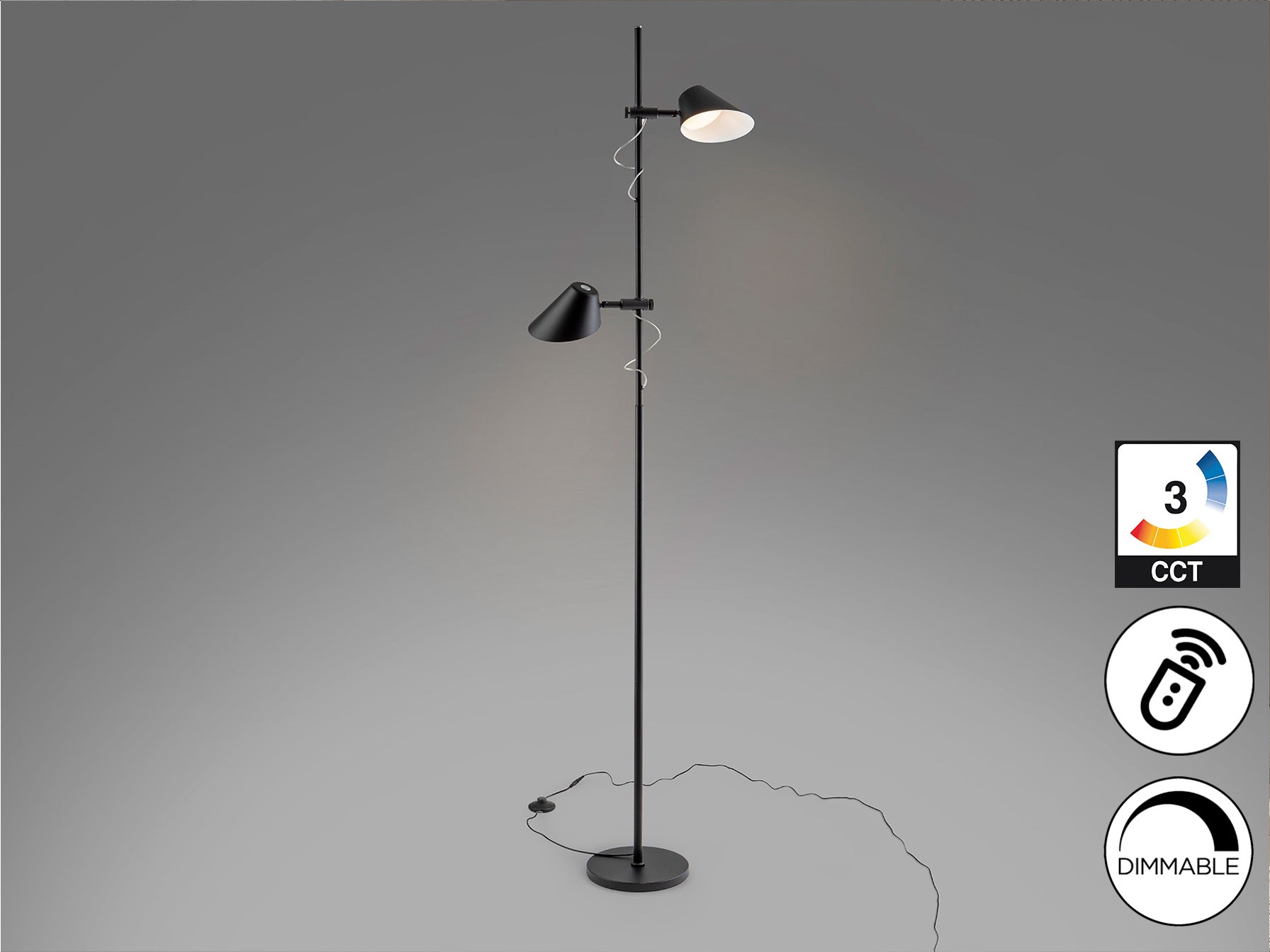 Lámpara de pie Esino 2L negro mate de Schuller, diseño moderno y minimalista con LED integrado, ideal para dormitorio o salón. Cuenta con control remoto y es regulable. Fabricada en metal y aluminio.