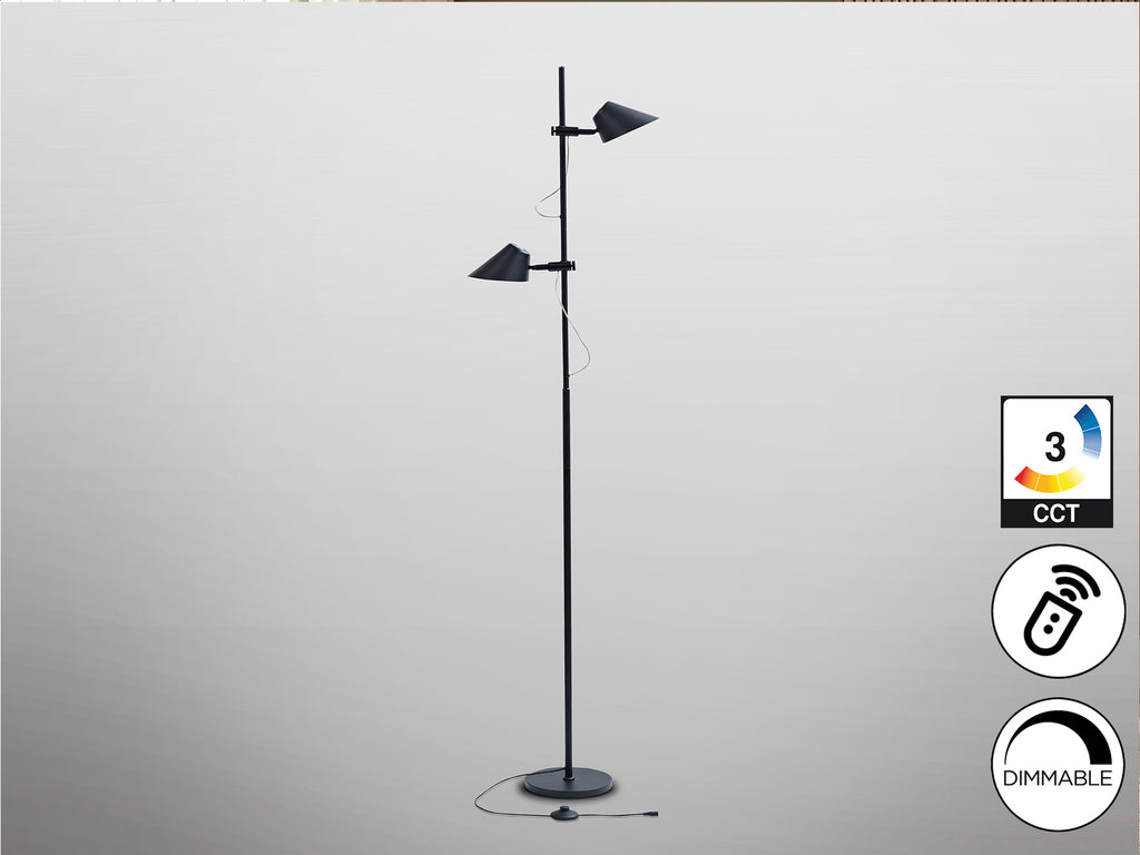 Lámpara de pie Esino 2L negro mate de Schuller, diseño moderno con LED integrado, ideal para dormitorio y salón. Fabricada en metal y aluminio, con control remoto y luz regulable. Perfecta para iluminación minimalista e industrial en rincones de lectura. Modelo 215572.