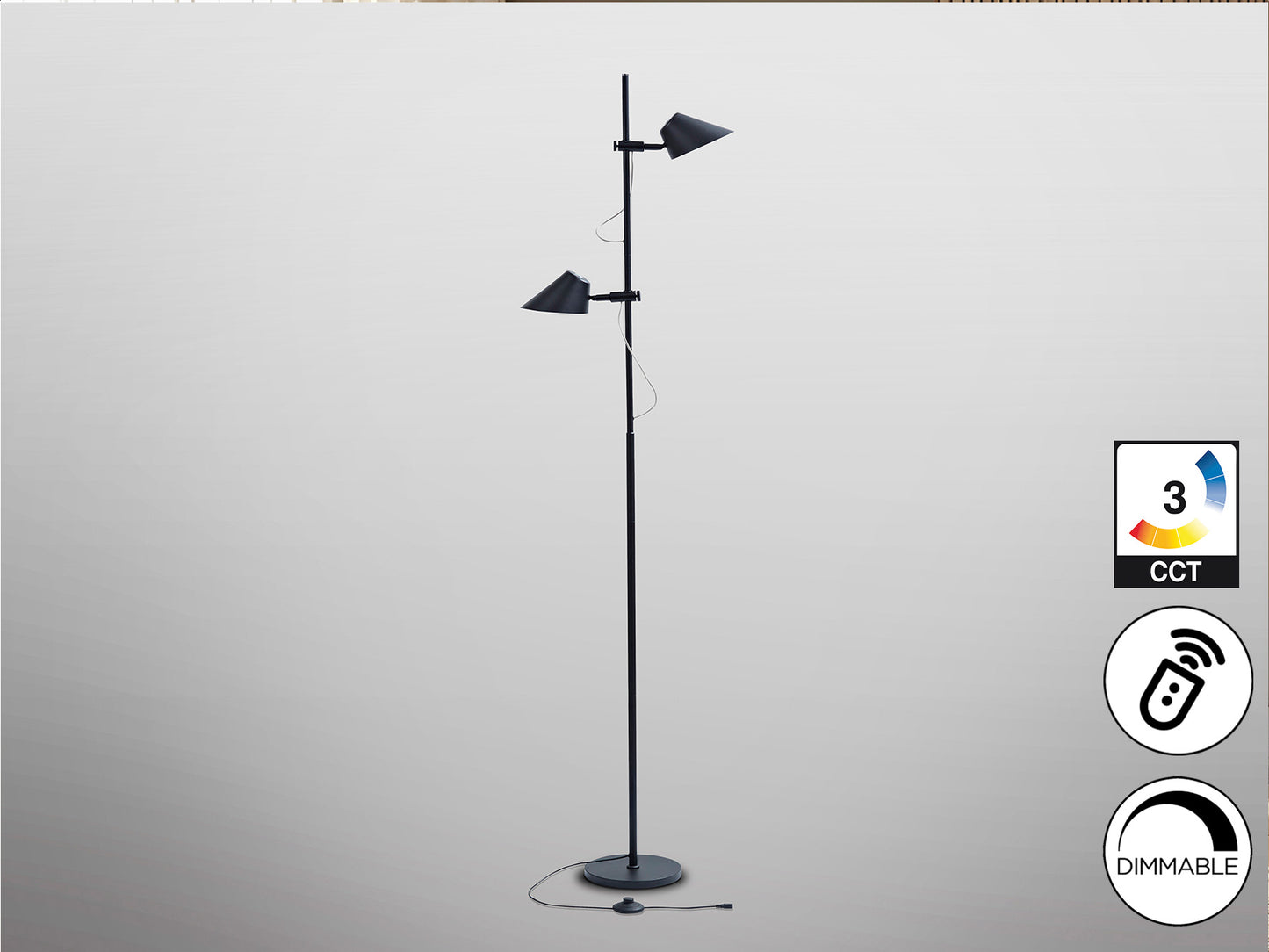 Lámpara de pie Esino 2L negro mate de Schuller, diseño moderno con LED integrado, ideal para dormitorio y salón. Fabricada en metal y aluminio, con control remoto y luz regulable. Perfecta para iluminación minimalista e industrial en rincones de lectura. Modelo 215572.