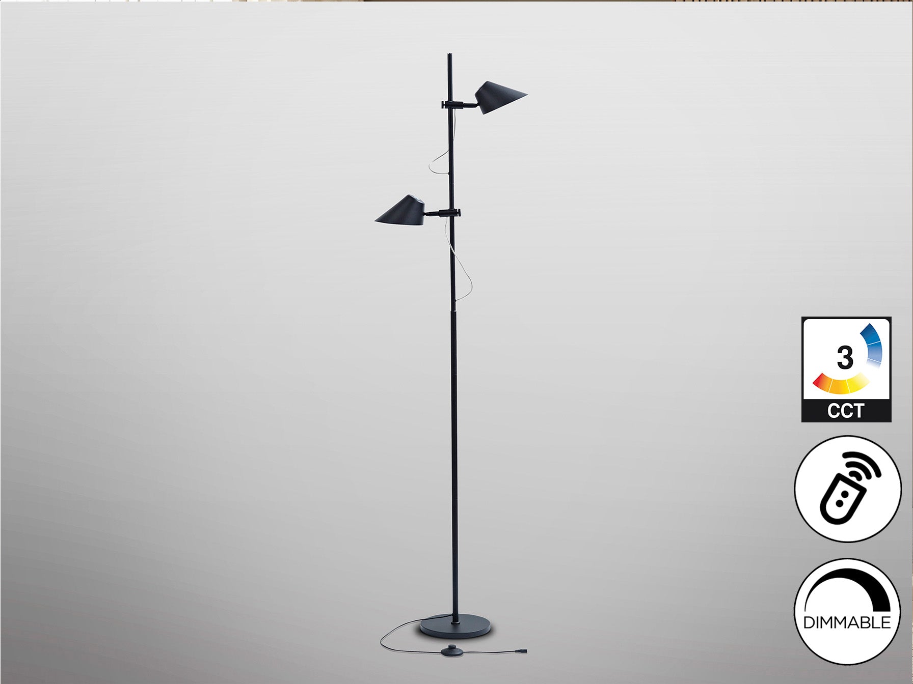 Lámpara de pie Esino 2L negro mate de Schuller, diseño moderno con LED integrado, ideal para dormitorio y salón. Fabricada en metal y aluminio, con control remoto y luz regulable. Perfecta para iluminación minimalista e industrial en rincones de lectura. Modelo 215572.