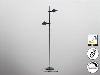 Lámpara de pie Esino 2L negro mate de Schuller, diseño moderno con LED integrado, ideal para dormitorio y salón. Fabricada en metal y aluminio, con control remoto y luz regulable. Perfecta para iluminación minimalista e industrial en rincones de lectura. Modelo 215572.