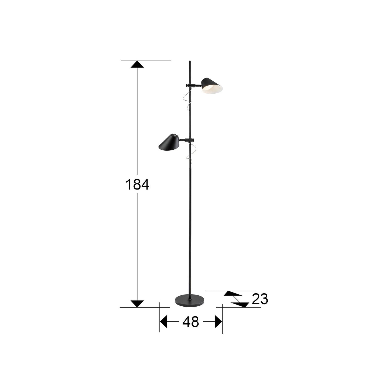 Medidas de Lámpara de pie Esino 2L negra mate de Schuller para salón o dormitorio, diseño moderno y minimalista con LED integrado, regulable con control remoto y estilo industrial.