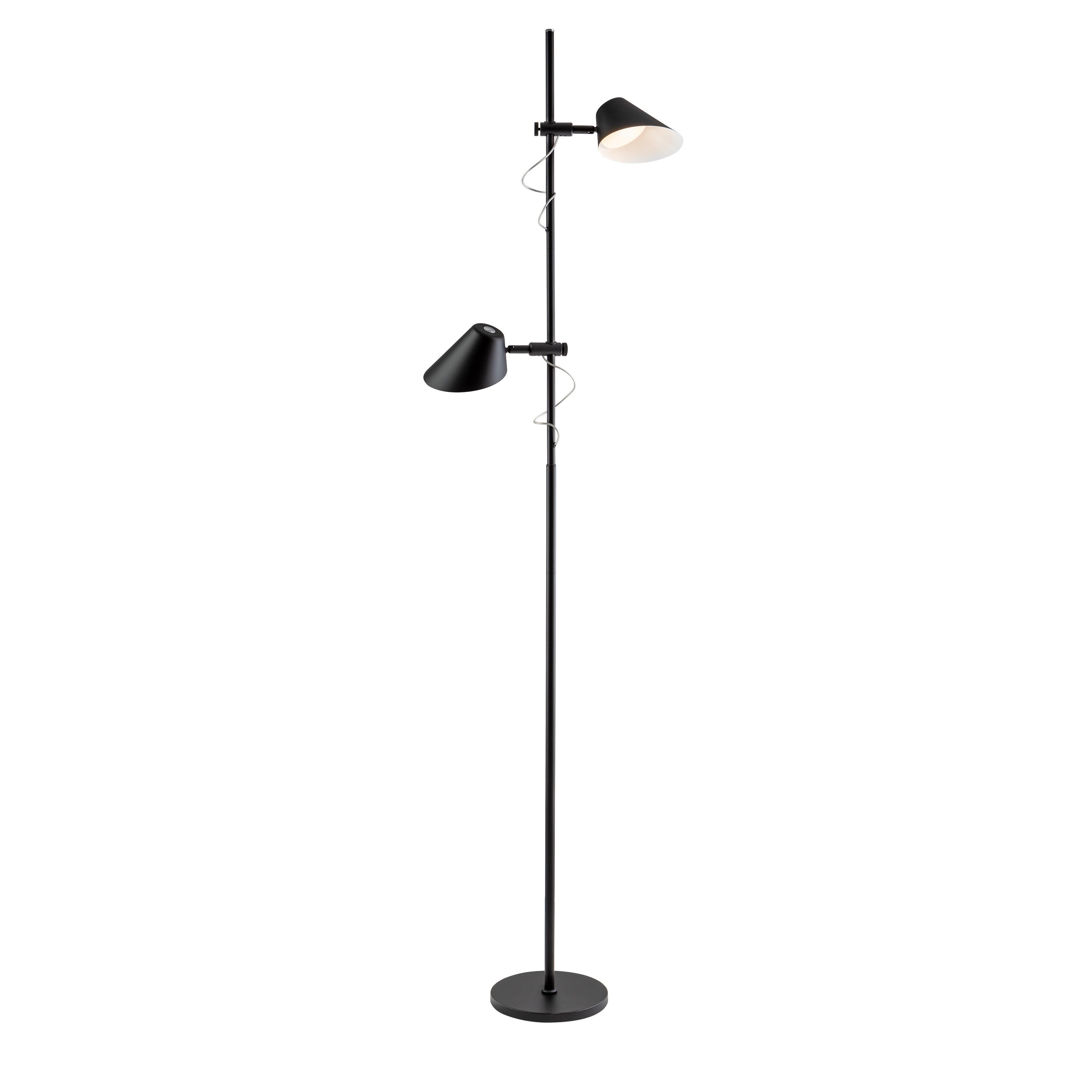 Lámpara de pie Esino 2L negro mate de Schuller, diseño moderno y minimalista con LED integrado, ideal para dormitorio y salón. Fabricada en metal y aluminio, con control remoto y regulable. Perfecta para rincón de lectura.