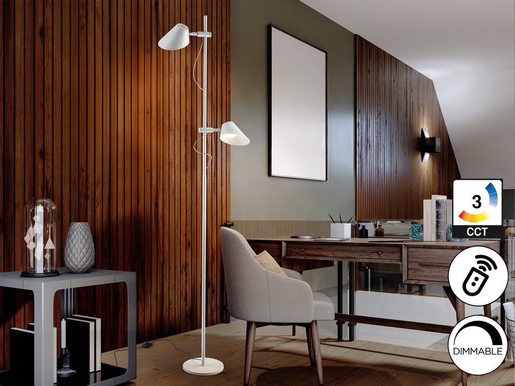 Lámpara de pie ESINO blanca mate con LED, regulable y control remoto, ideal para salón moderno. Marca Schuller.