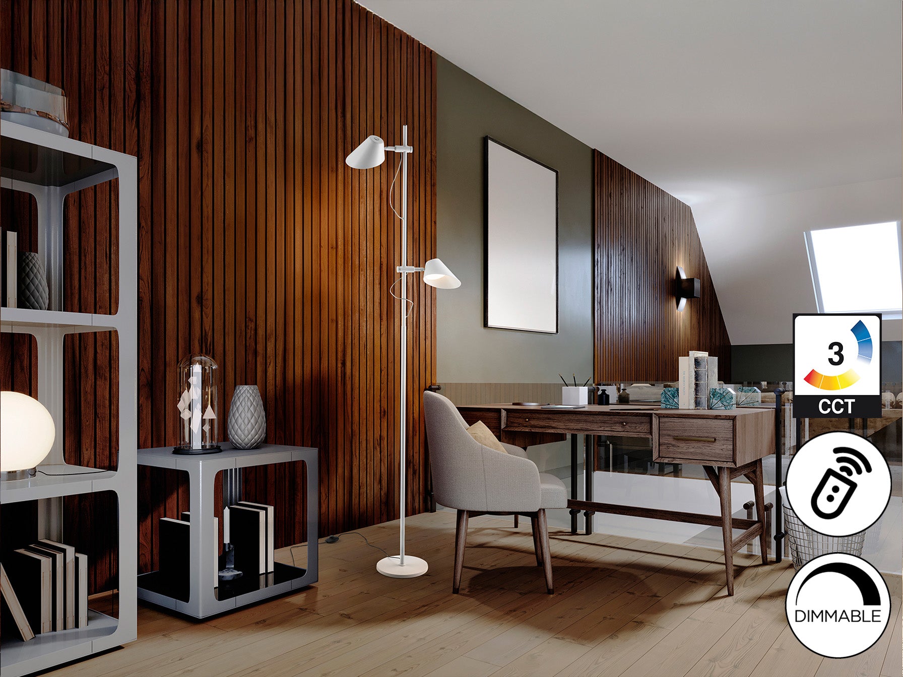Lámpara de pie Esino blanca mate con LED regulable y control remoto, diseño moderno y minimalista, ideal para salón. Schuller 215589.