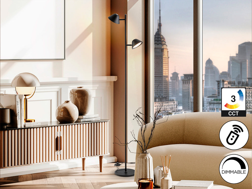 Lámpara de pie Taros 2L negra mate con LED regulable y control remoto de Schuller, ideal para salón moderno.