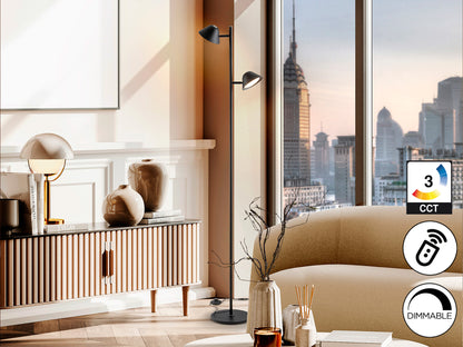 Lámpara de pie Taros 2L negra mate con LED regulable y control remoto de Schuller, ideal para salón moderno.