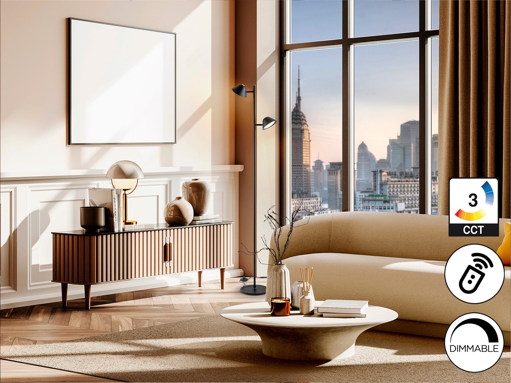 Lámpara de pie Taros 2L negro mate con control remoto y LED regulable para salón - Schuller 215602