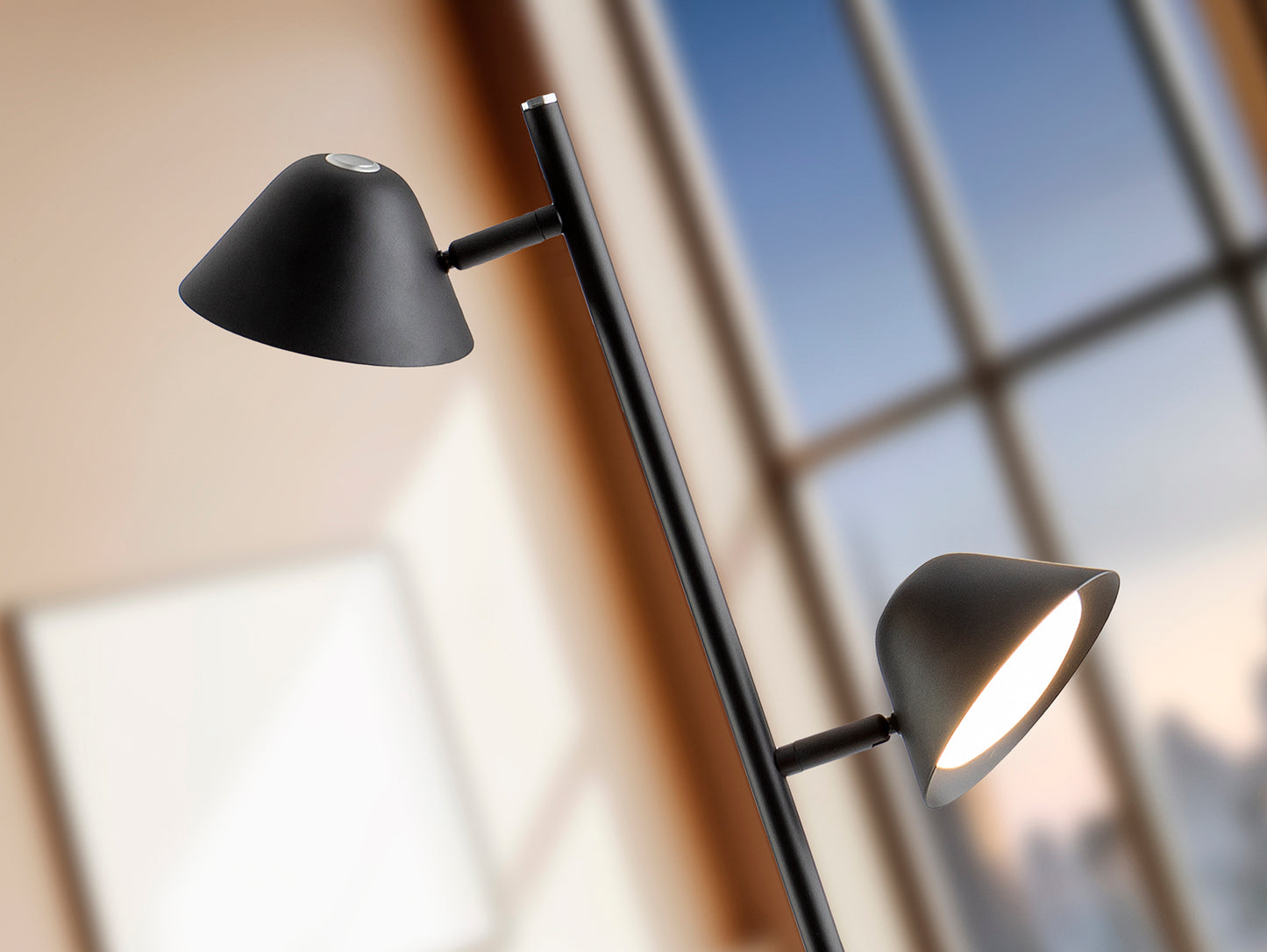 Lámpara de pie Taros 2L negro mate con control remoto y LED regulable de Schuller para salón moderno, fabricada en metal.