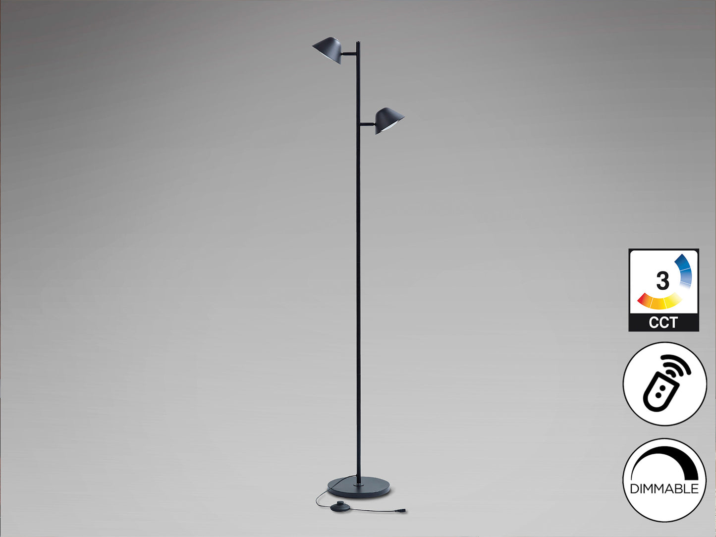 Lámpara de pie Taros 2L negro mate con control remoto y LED regulable ideal para salón moderno | Schuller 215602