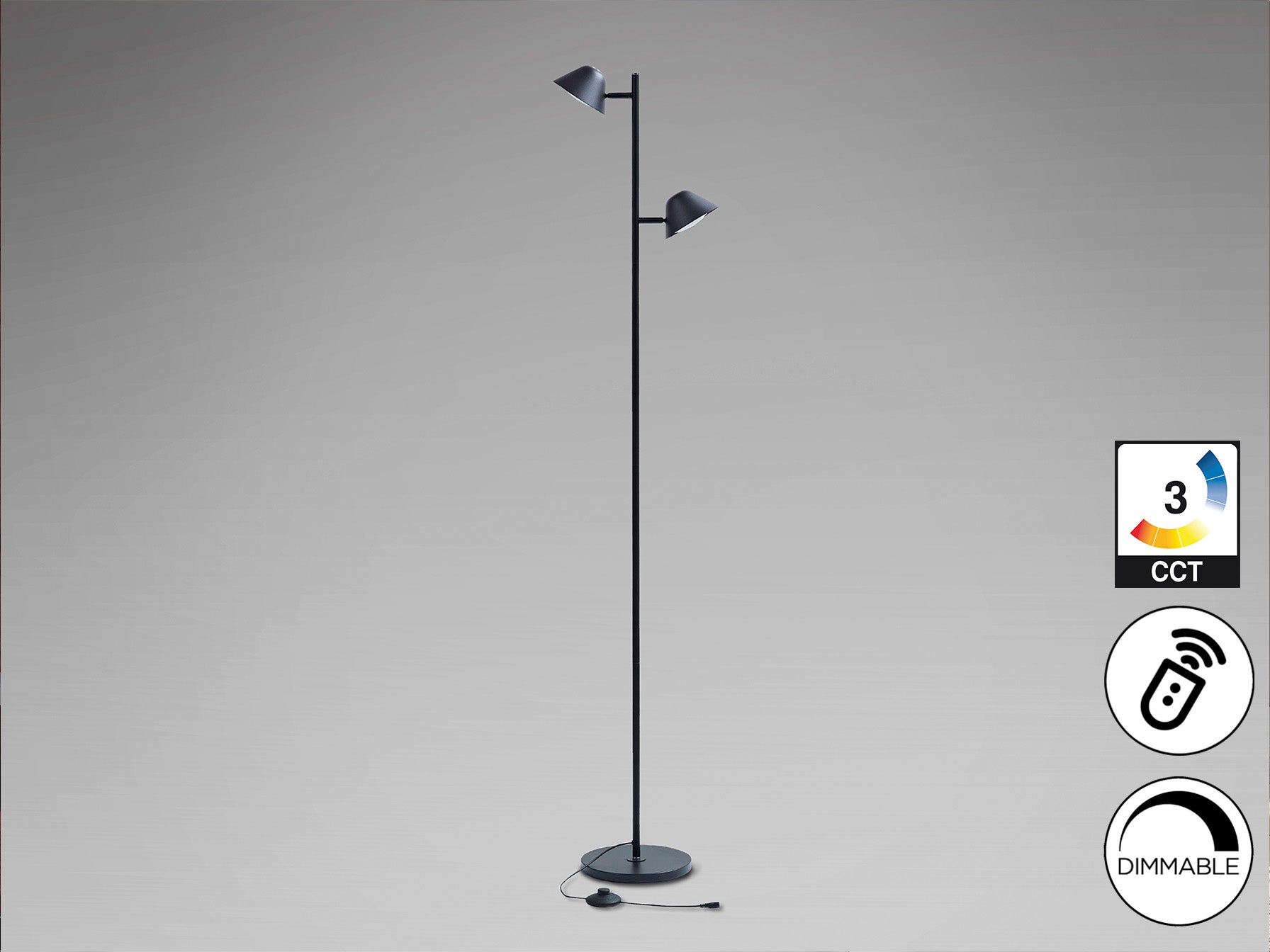 Lámpara de pie Taros 2L negro mate con control remoto y LED regulable ideal para salón moderno | Schuller 215602