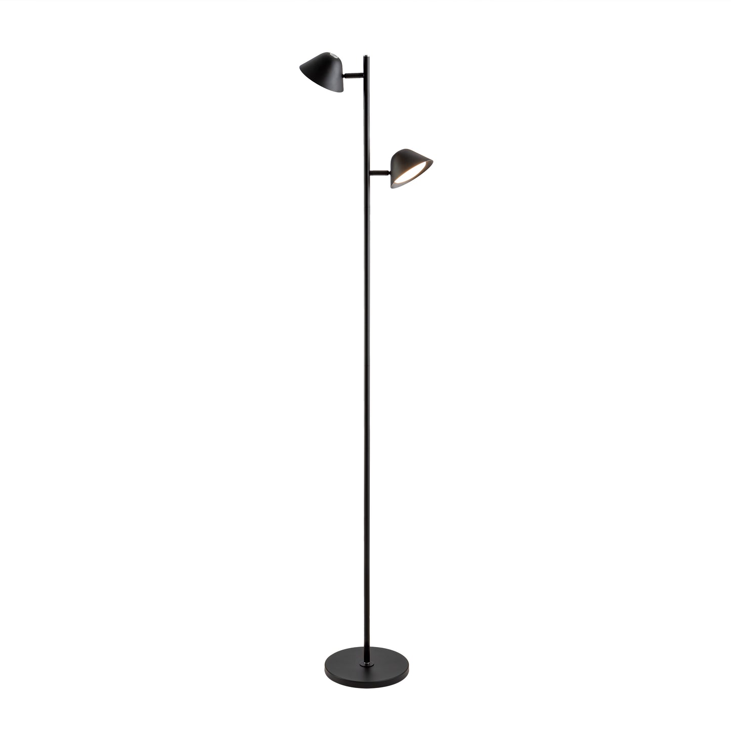Lámpara de pie Taros 2L negro mate con control remoto y LED regulable, ideal para salón. Diseño moderno en metal de Schuller.