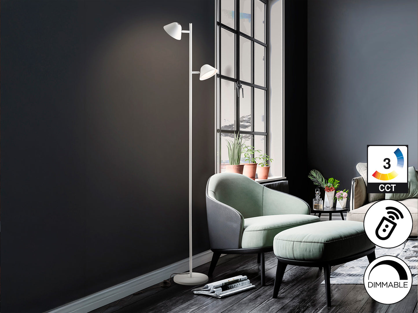 Lámpara de pie Taros 2L blanco mate con LED integrado, regulable y control remoto, ideal para salón moderno. Marca Schuller.