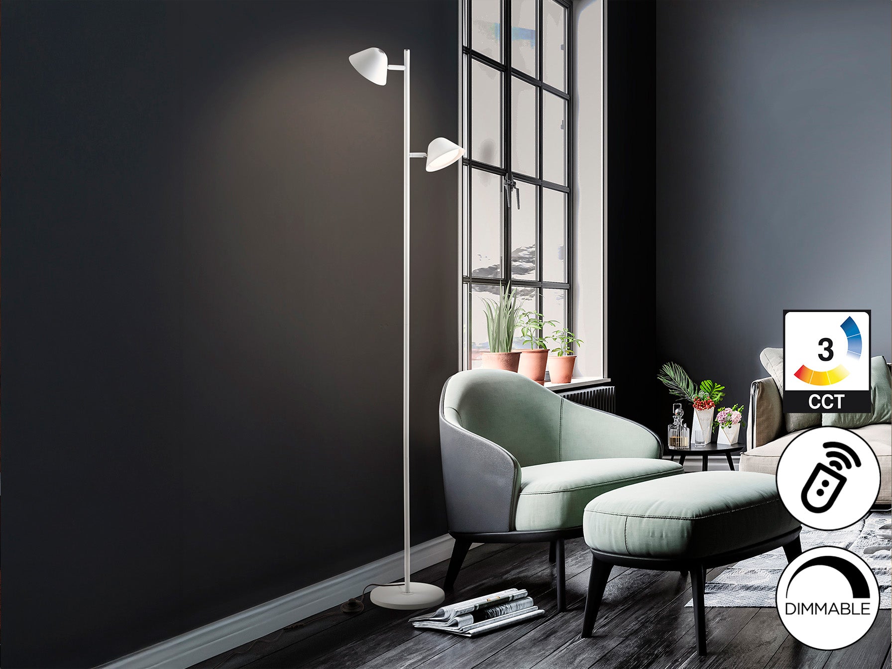 Lámpara de pie Taros 2L blanco mate con LED integrado, regulable y control remoto, ideal para salón moderno. Marca Schuller.