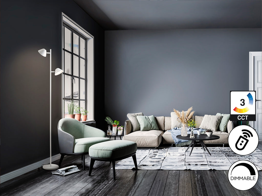 Lámpara de pie Taros 2L blanco mate de Schuller en salón moderno con LED integrado, regulable y control remoto.